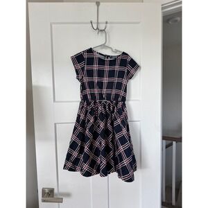 Lands End Girls Navy Blue Pink Windowpane Plaid Cotton Fit and Flare Dress 7